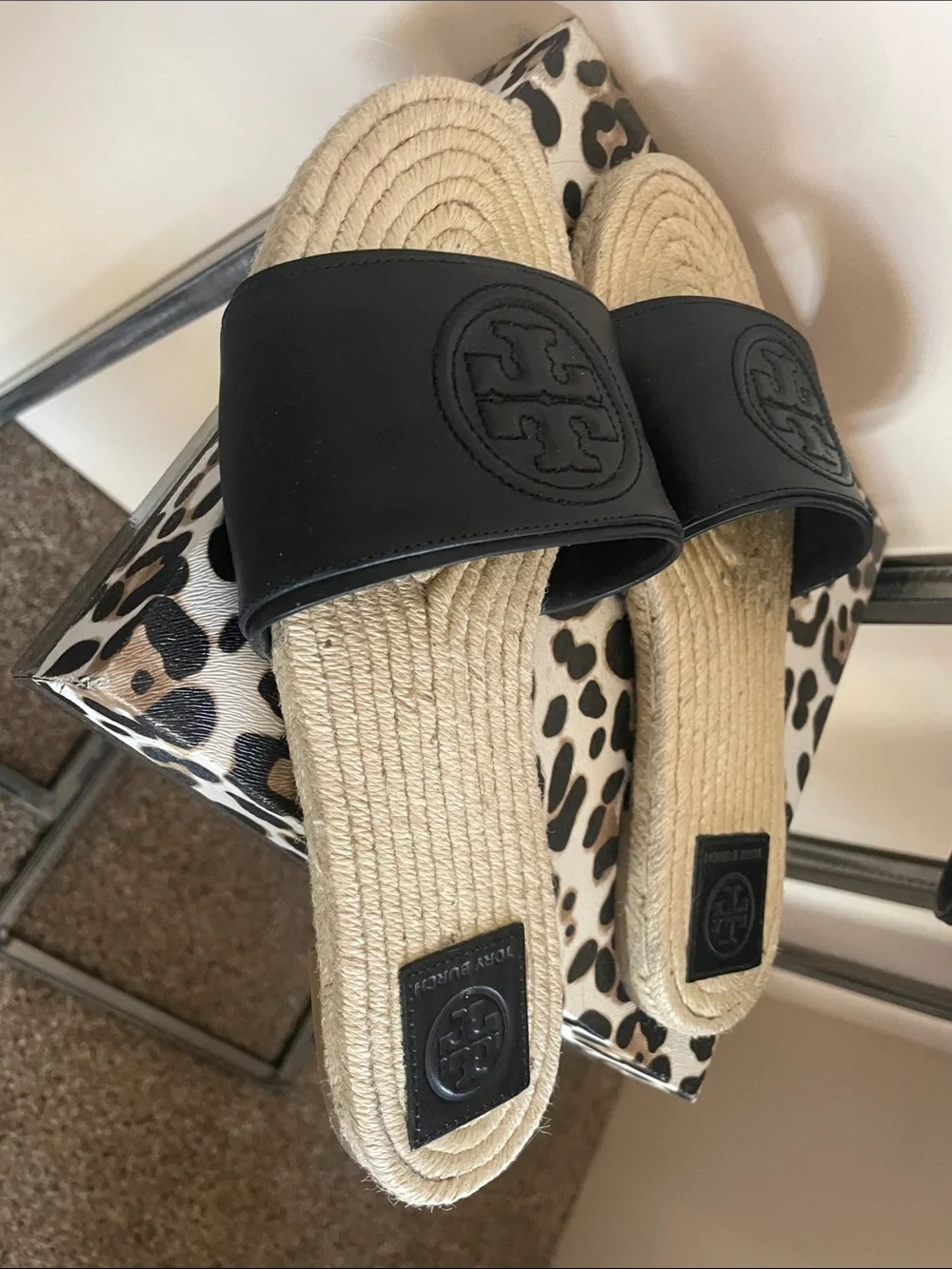 Tory Burch Black Leather Slide Sandals with Espadrille Rope Footbed